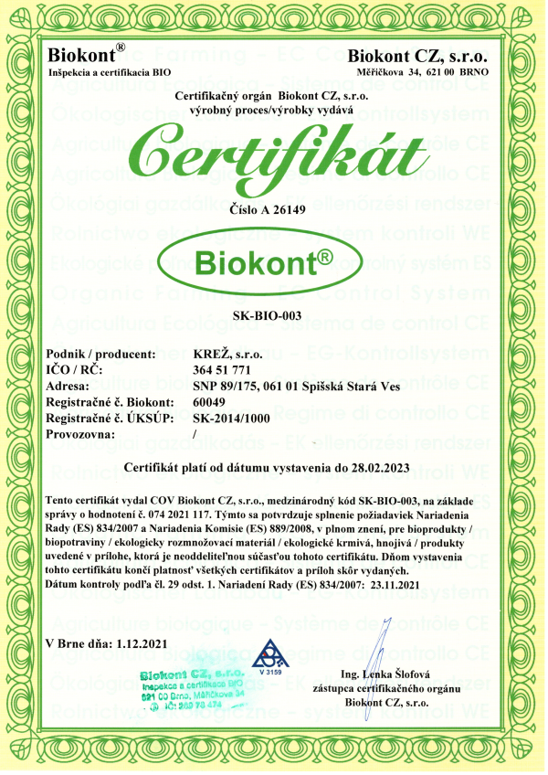 Bio certifikát pre firmu KREŽ, s.r.o.